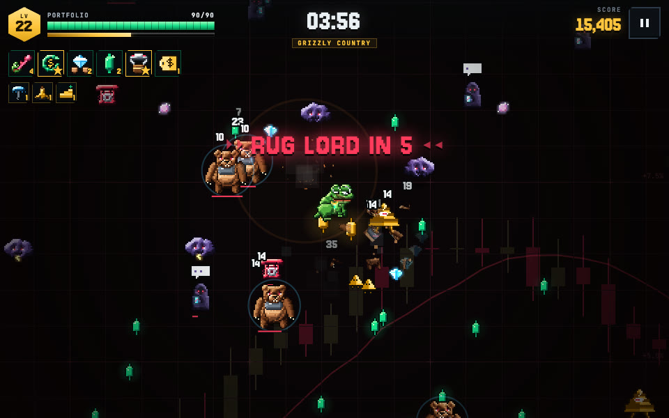 Silent gameplay loop from BEARPROOF: a pixel-art character fights waves of bears with chain lightning, then a boss walks in.