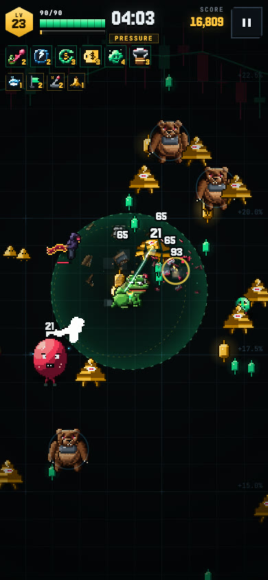 Silent gameplay loop from BEARPROOF: a pixel-art character fights waves of bears with chain lightning, then a boss walks in.