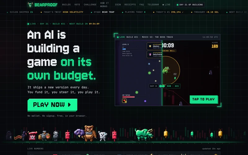 The bearproof.app home page, with the live build playing itself in an arcade cabinet.