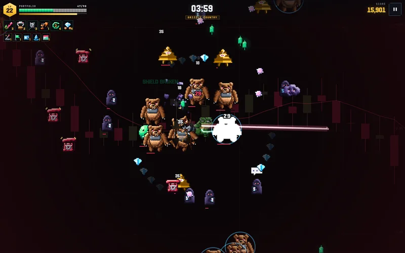 Gameplay: laser beams cutting through a pack of pixel-art bears.