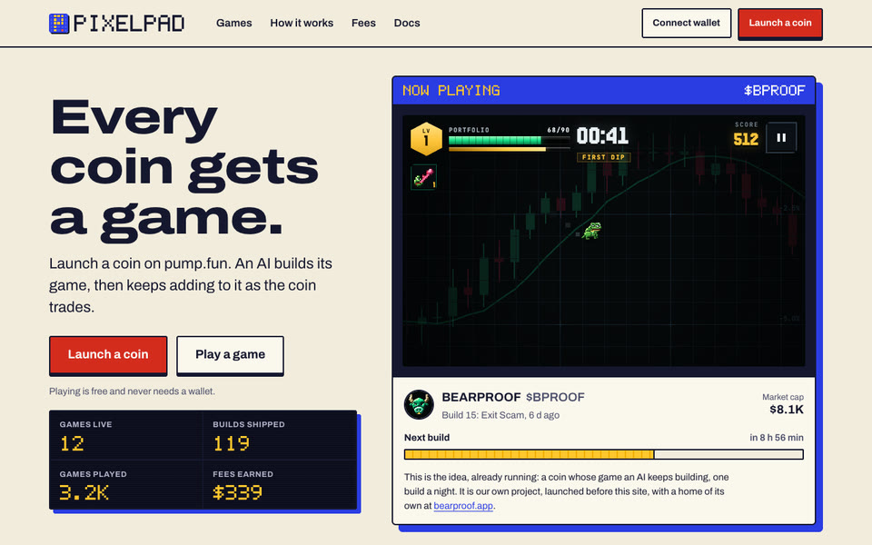 Silent loop: the pixelpad.fun home page with a game playing in an arcade cabinet, then a giant lizard smashing through a city at night.