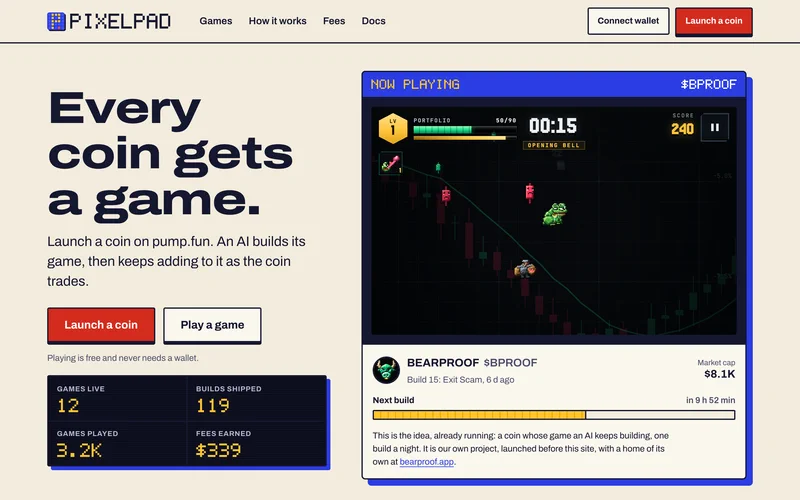 The pixelpad.fun home page: a headline, four counters and a game playing in an arcade cabinet.