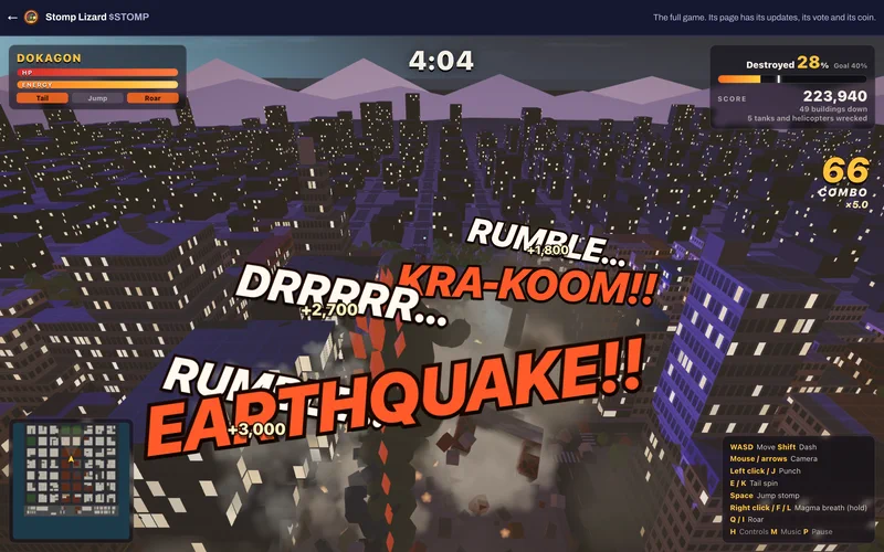 Stomp Lizard played full screen: a giant lizard flattening a city at night.